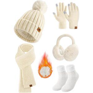Winter Beanie Hat Scarf Gloves Ear Muffs Fuzzy Socks 5pc Set for Women